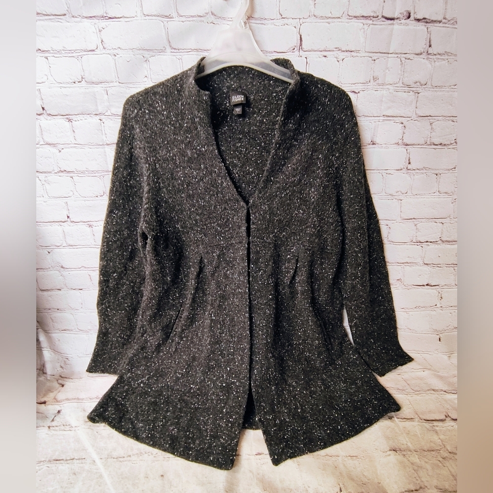 Eileen Fisher Black Marled Cardigan L Lambswool Angora Silk Sweater Minimalist